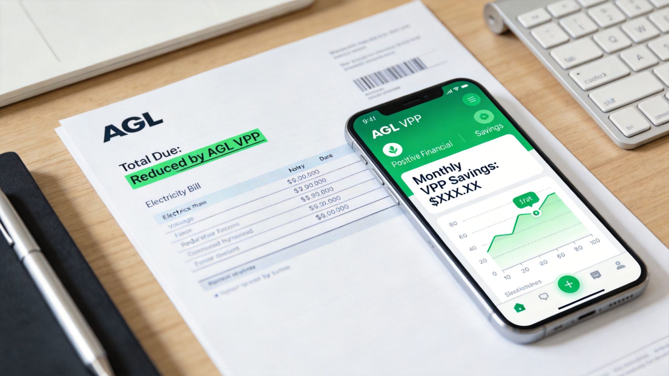 An AGL electricity bill and a smartphone displaying an AGL VPP savings dashboard on a desk.