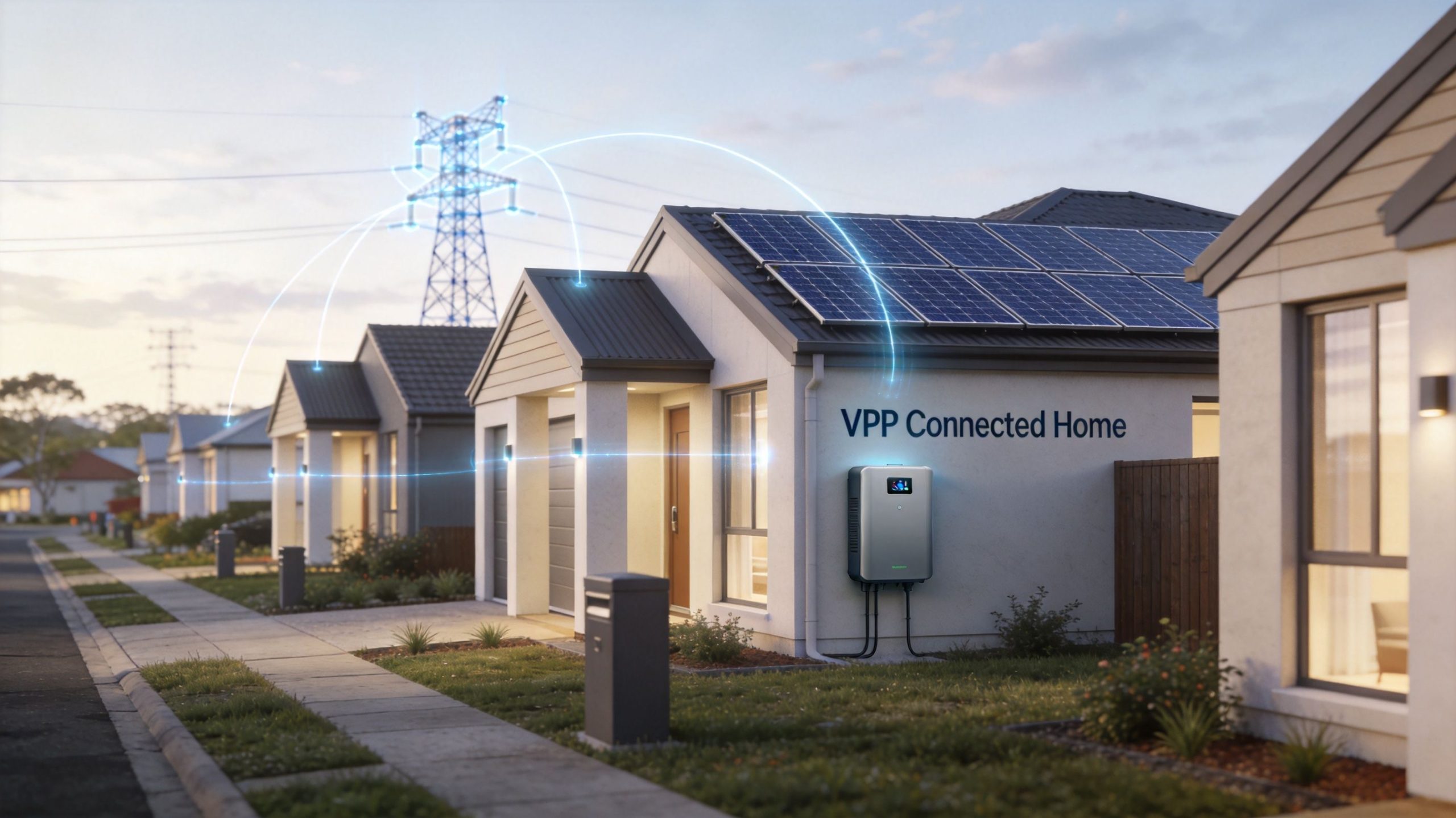 A modern suburban home with solar panels and an energy storage system connected to the power grid.