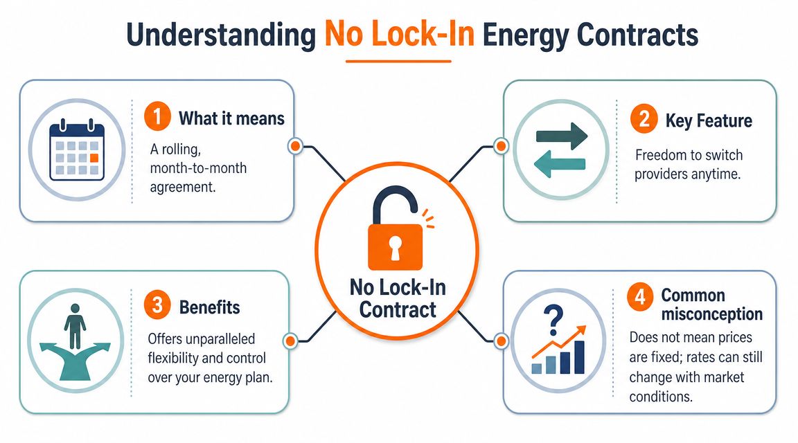 An infographic titled Understanding No Lock-In Energy Contracts, outlining features, benefits, and misconceptions of month-to-month plans.
