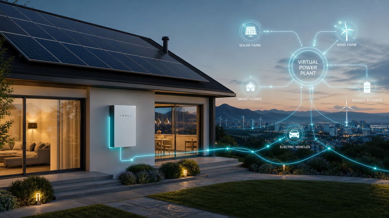 A modern home with solar panels and a Tesla Powerwall connected to a virtual power plant network.