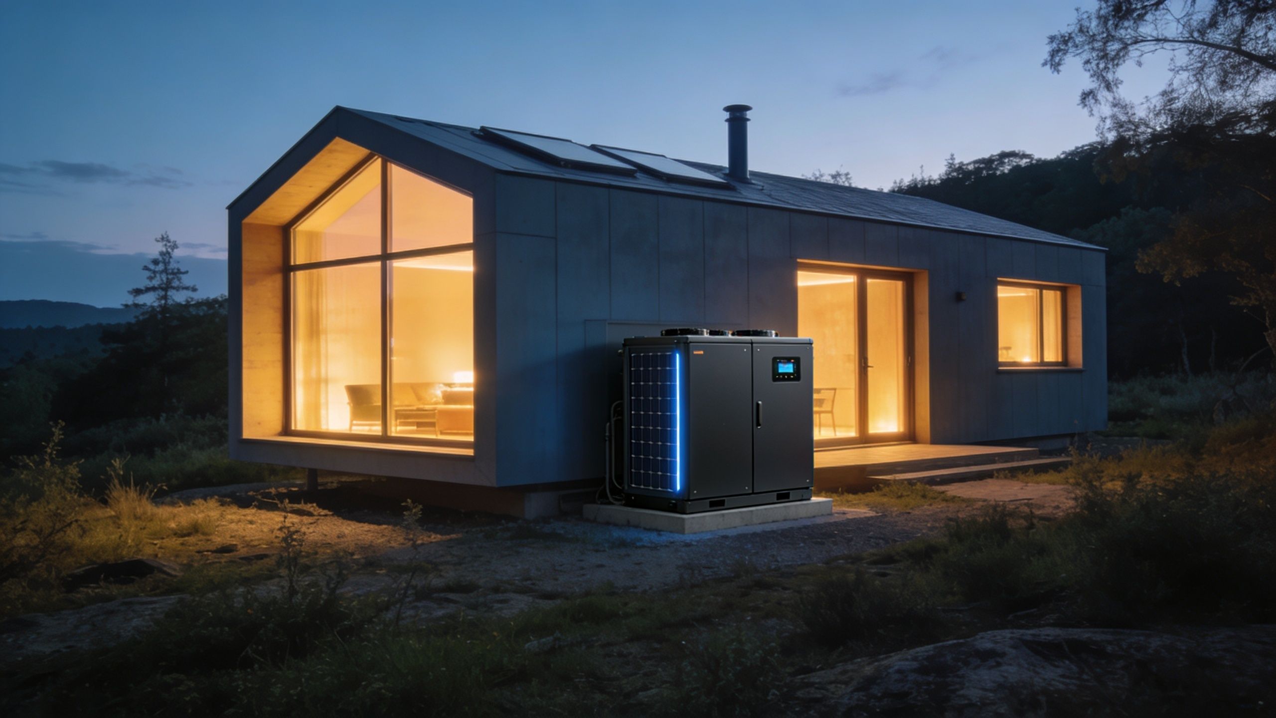A modern off-grid house at dusk with an integrated renewable heating and energy system outside.