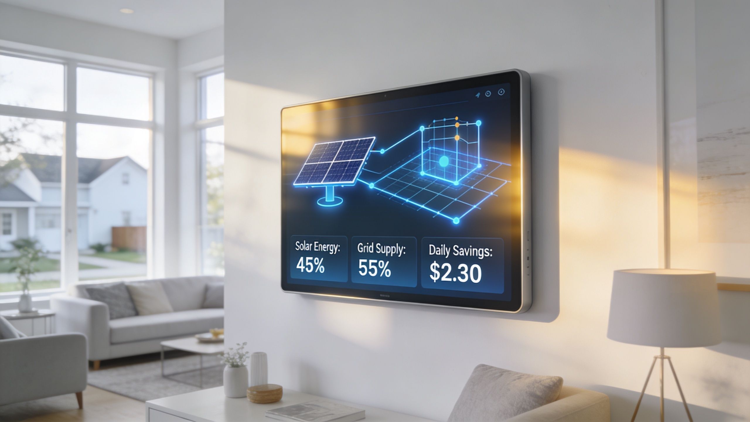 A wall-mounted smart monitor displays solar energy data, grid supply percentage, and daily cost savings in a home.