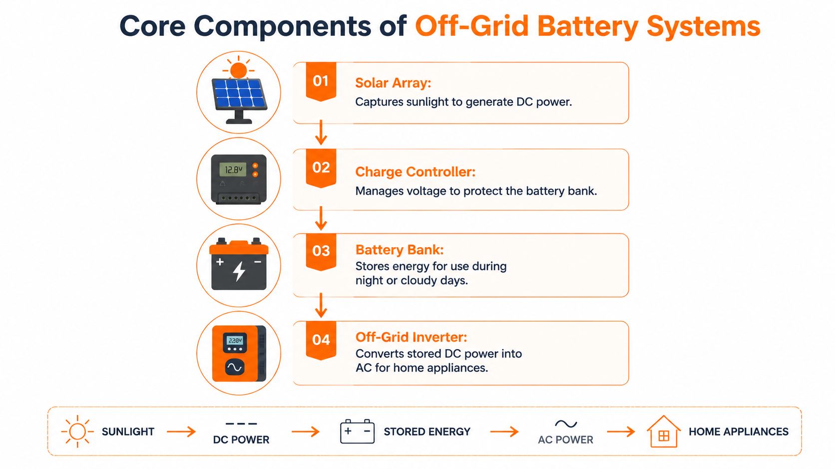 A diagram illustrating the four core components of an off-grid solar battery system, including power flow from sun to home.