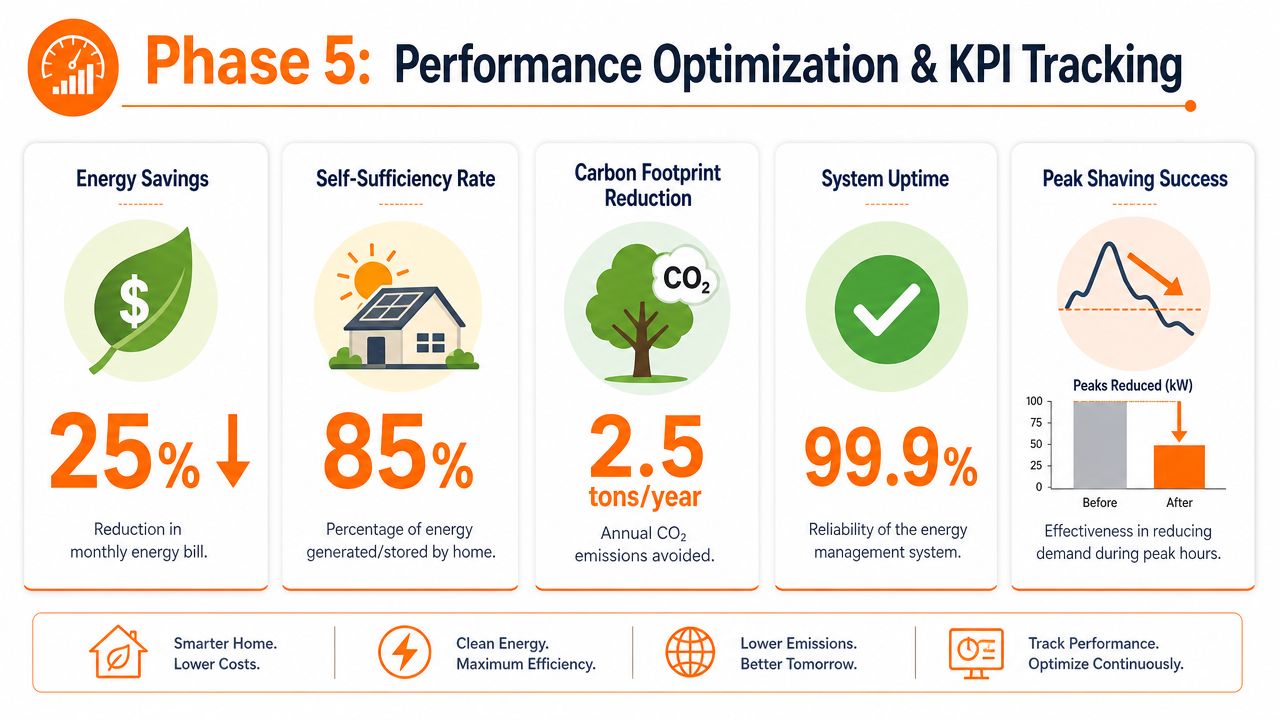 An infographic detailing energy performance optimization and key performance indicators for a smart home management system project.