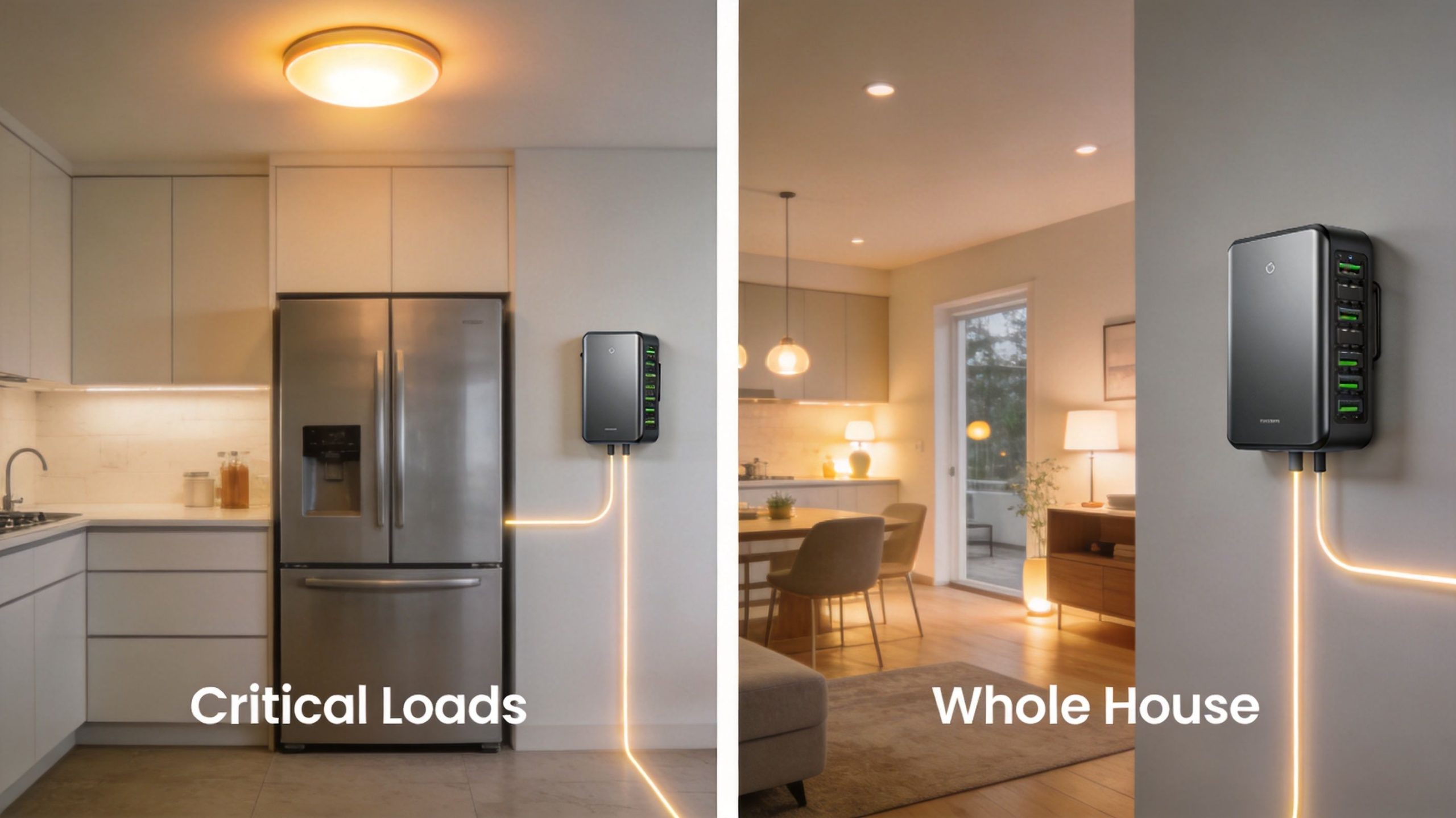 A split-screen comparison showing a home energy storage system powering critical kitchen appliances versus an entire household.
