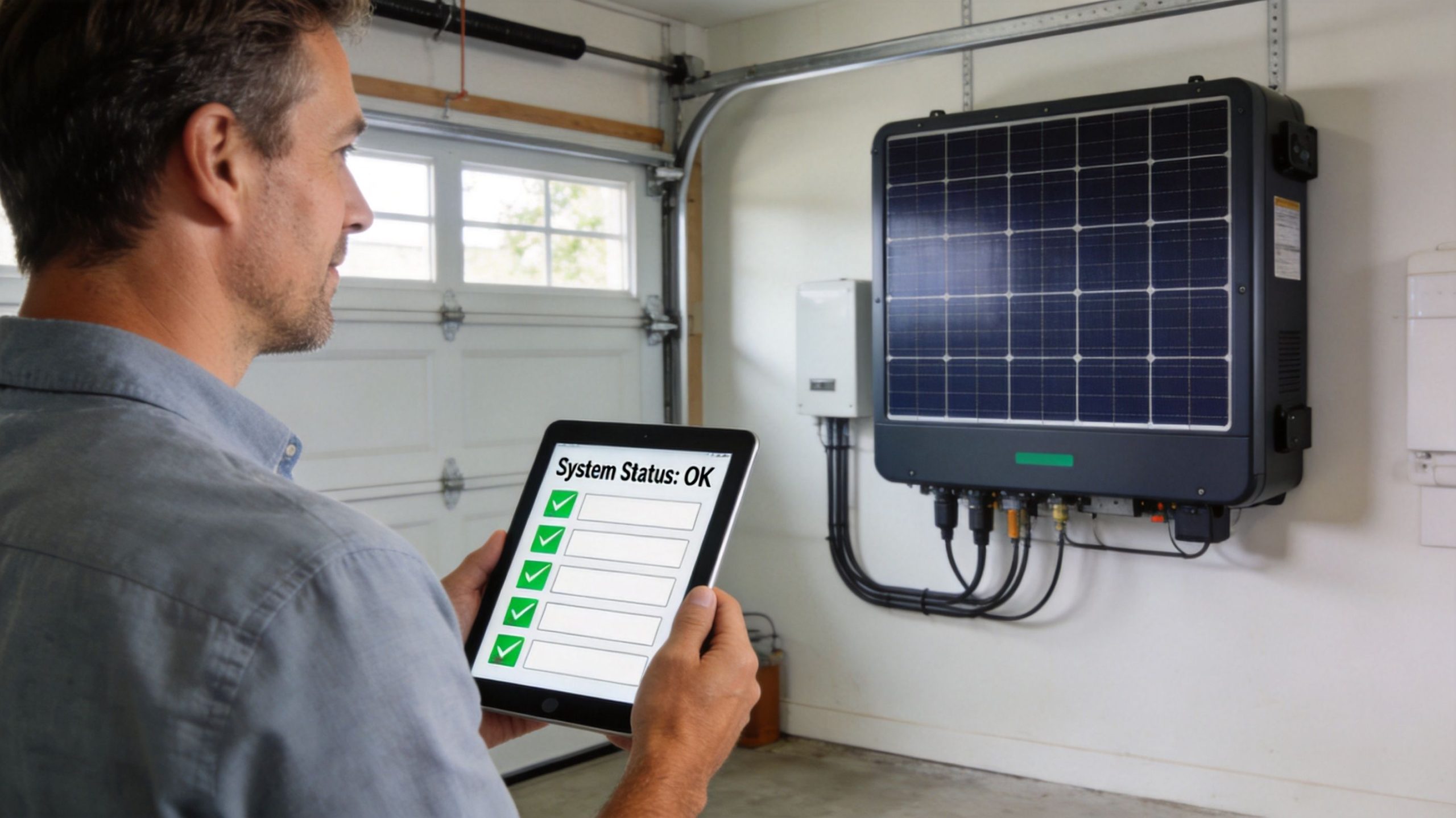 A man monitors a solar battery system status on a tablet while standing in a garage.