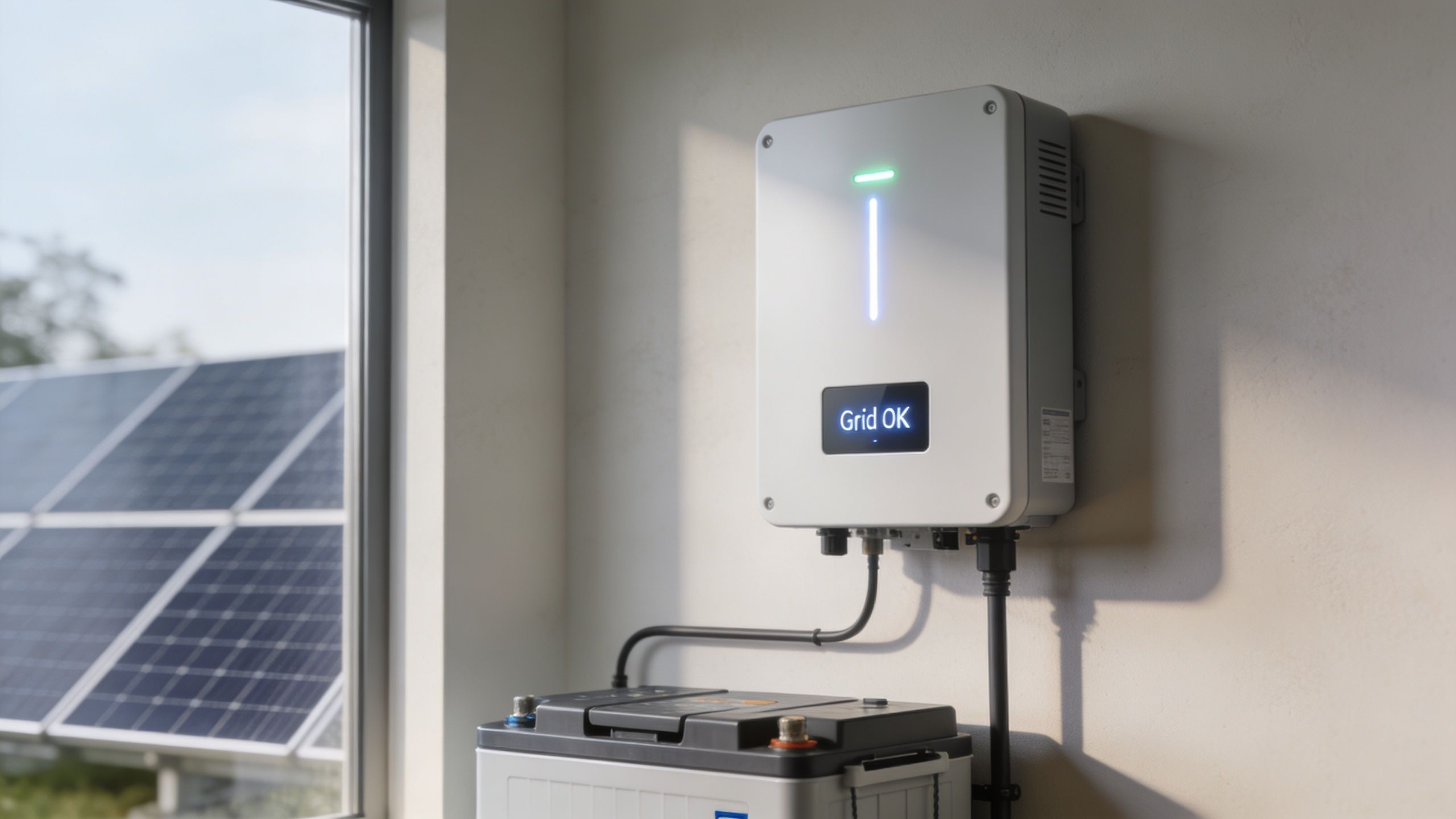 A modern solar inverter mounted on a wall next to a battery unit and solar panels.