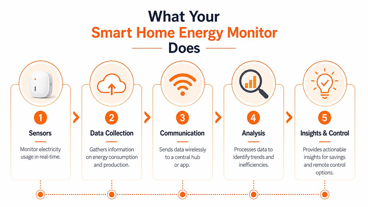 A five-step infographic showing how a smart home energy monitor tracks and analyzes electricity usage.