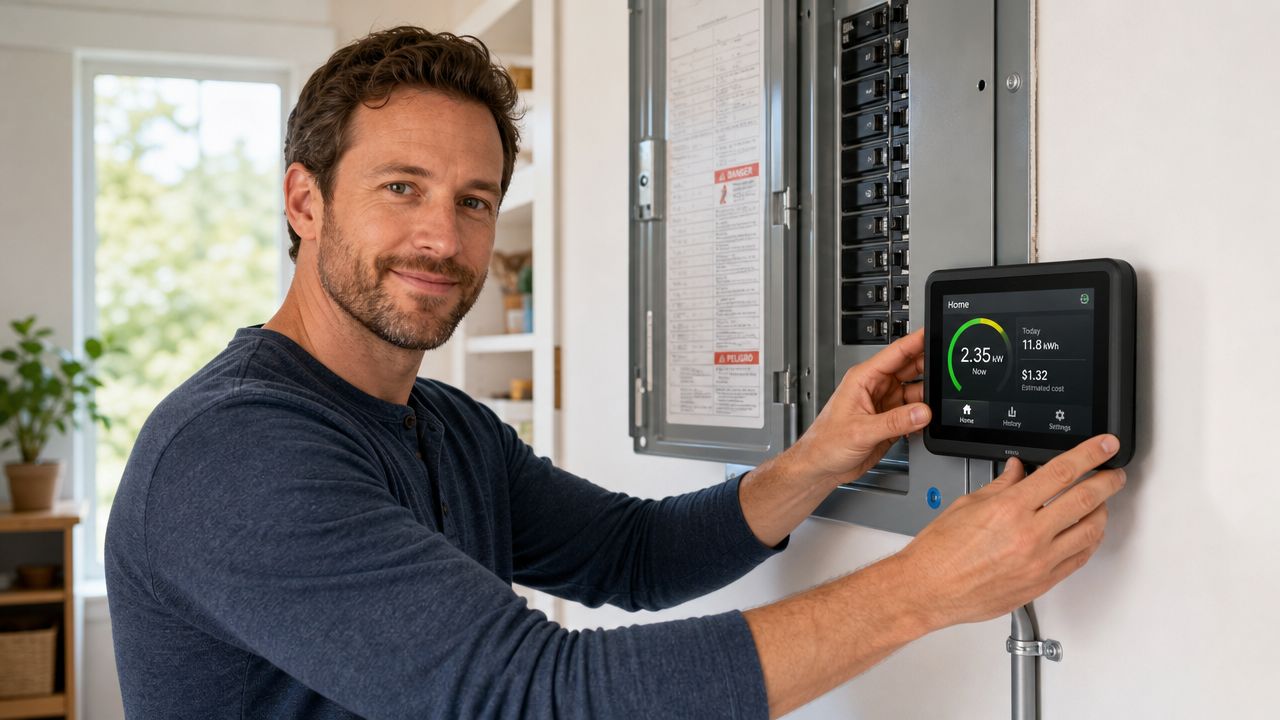 A man installing a smart energy monitor screen next to an electrical panel in his home.