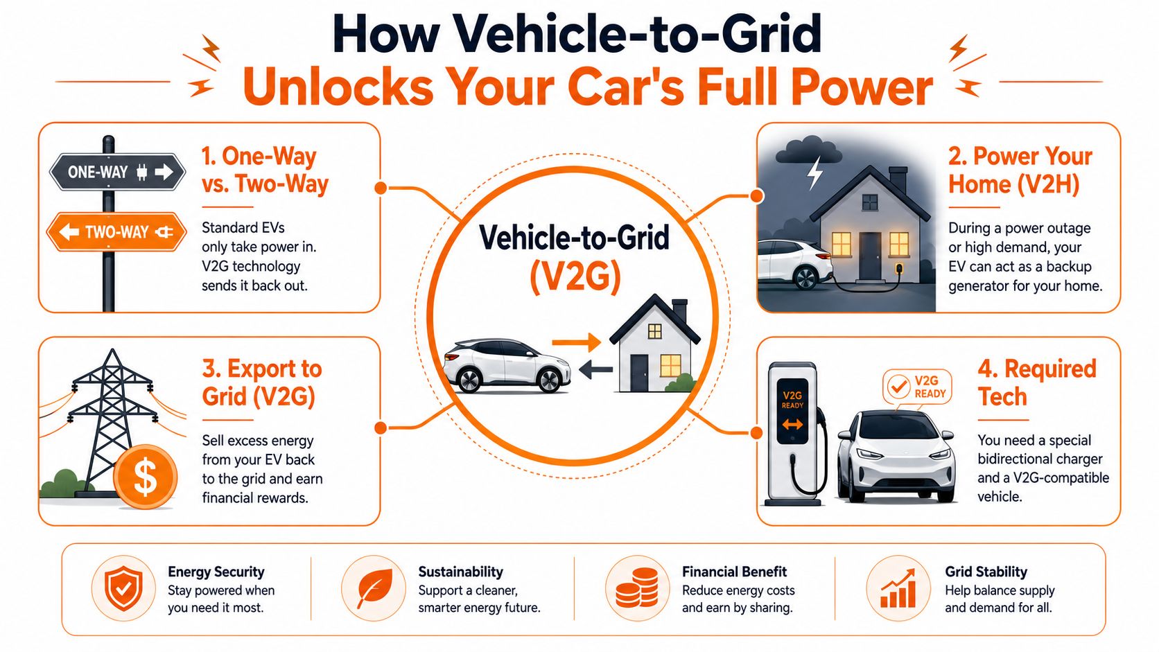 An infographic explaining Vehicle-to-Grid technology and how bidirectional charging benefits homes and the electrical grid.