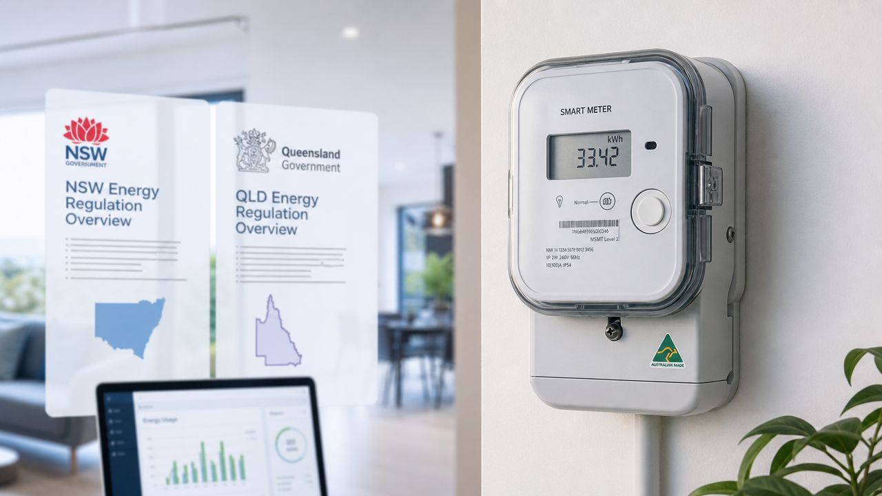 A modern smart electricity meter mounted on an interior wall next to energy regulation document posters.