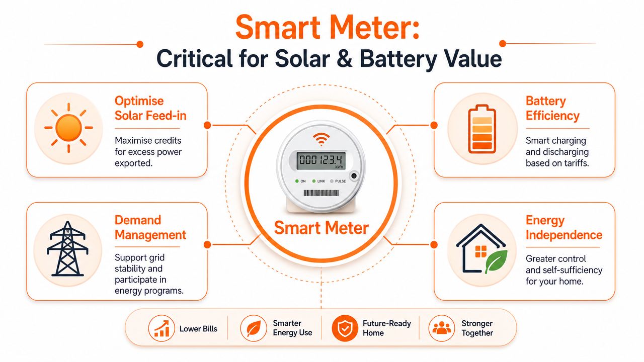 A diagram illustrating how smart meters optimize solar power usage, battery efficiency, demand management, and energy independence.