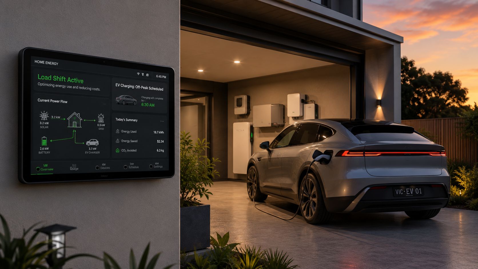 A modern smart home energy monitor screen displaying solar power usage and charging an electric vehicle.