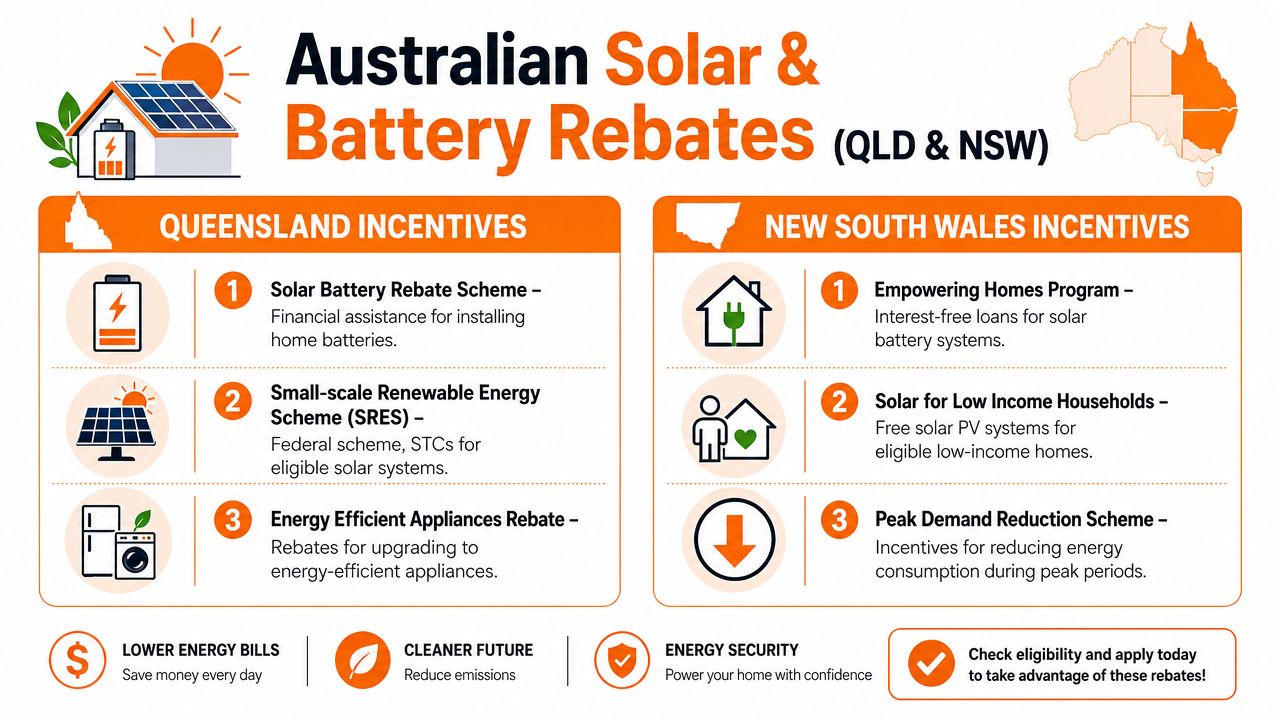 An infographic detailing solar and battery rebate schemes available for homeowners in Queensland and New South Wales.