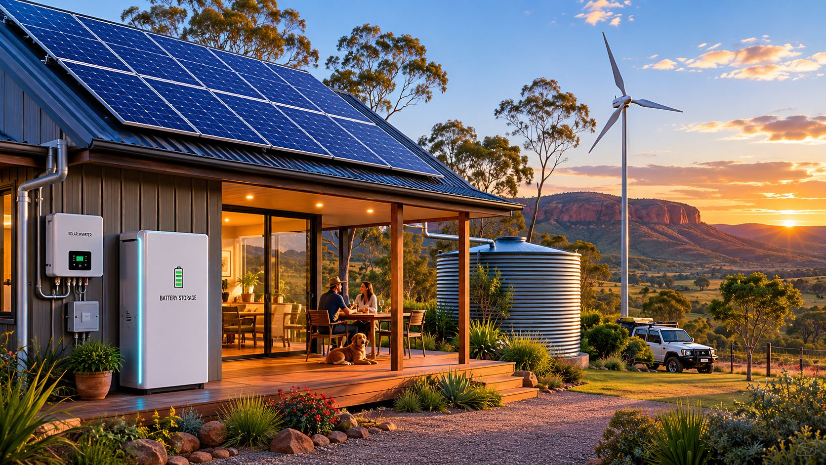 A modern off-grid house with solar panels, a wind turbine, and battery storage during a scenic sunset.
