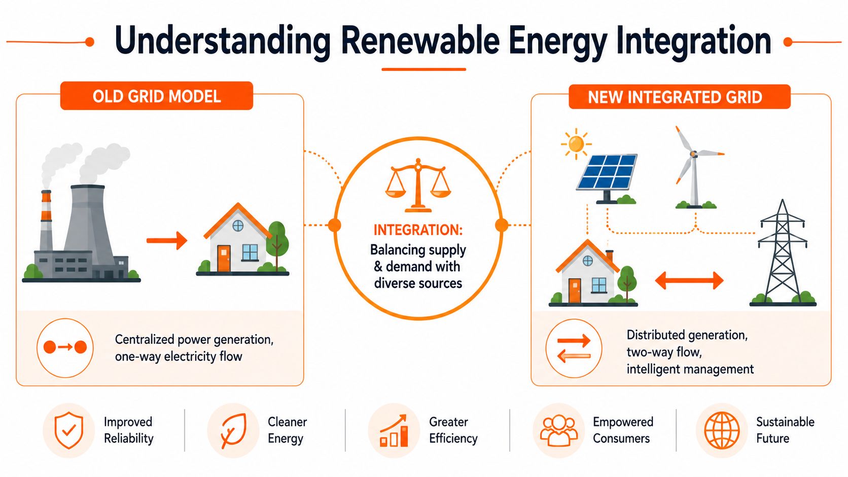 An infographic comparing traditional centralized power grids with modern, decentralized renewable energy integrated smart grid systems.