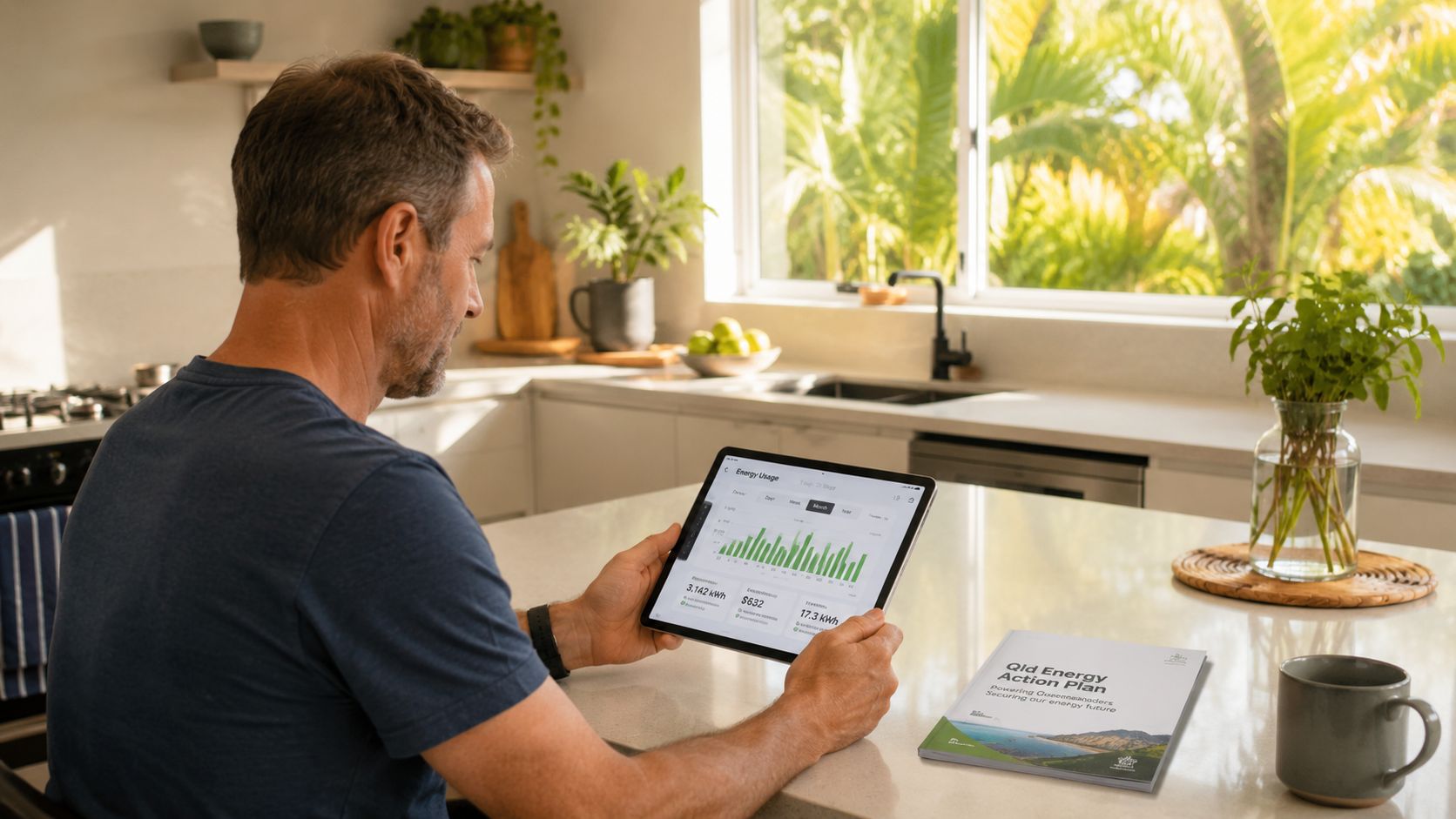 A man in a home kitchen checking residential energy usage statistics on his tablet near a brochure.