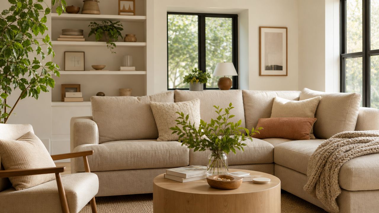 A cozy, sunlit living room featuring a beige sectional sofa, circular wooden coffee table, and indoor plants.