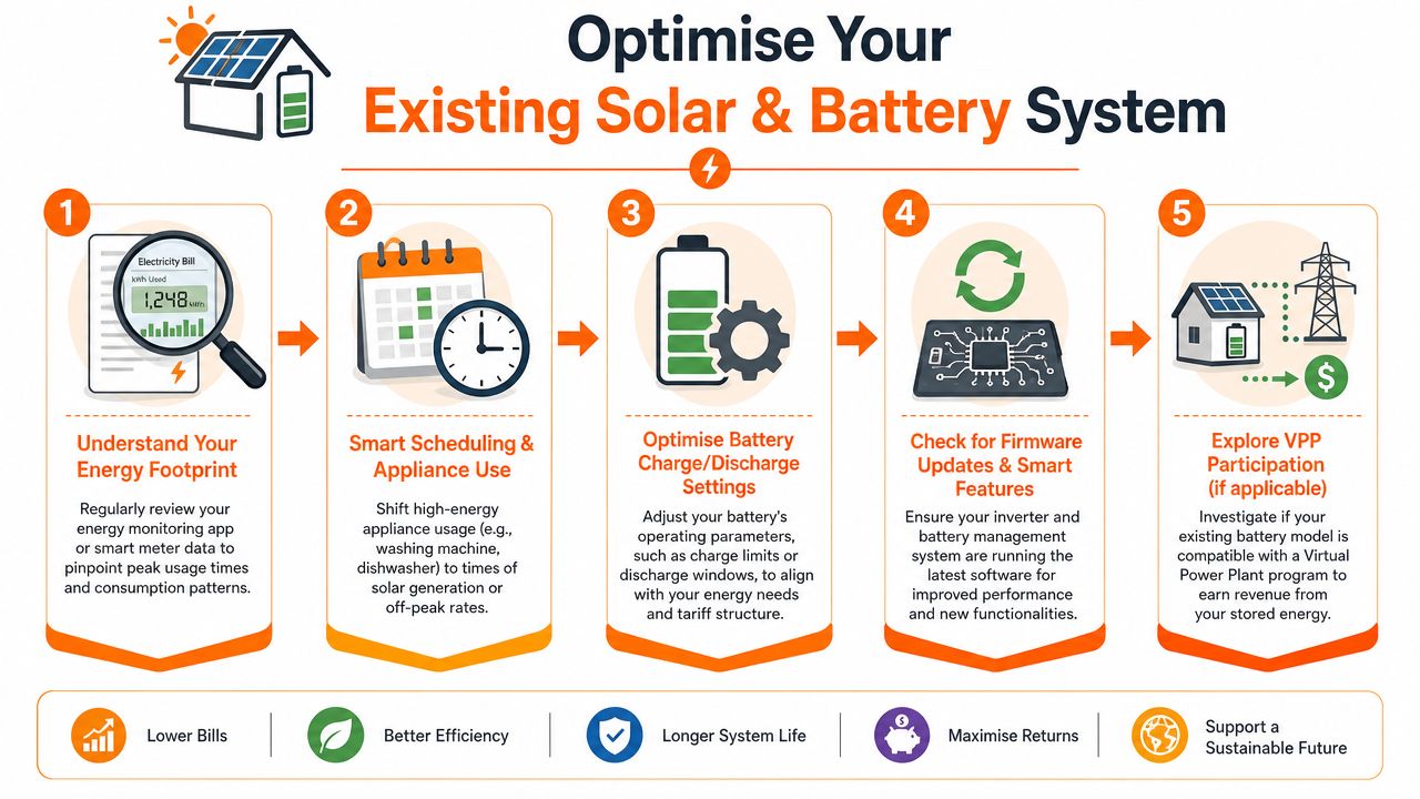 A five-step infographic showing how to optimize an existing residential solar and battery energy system.