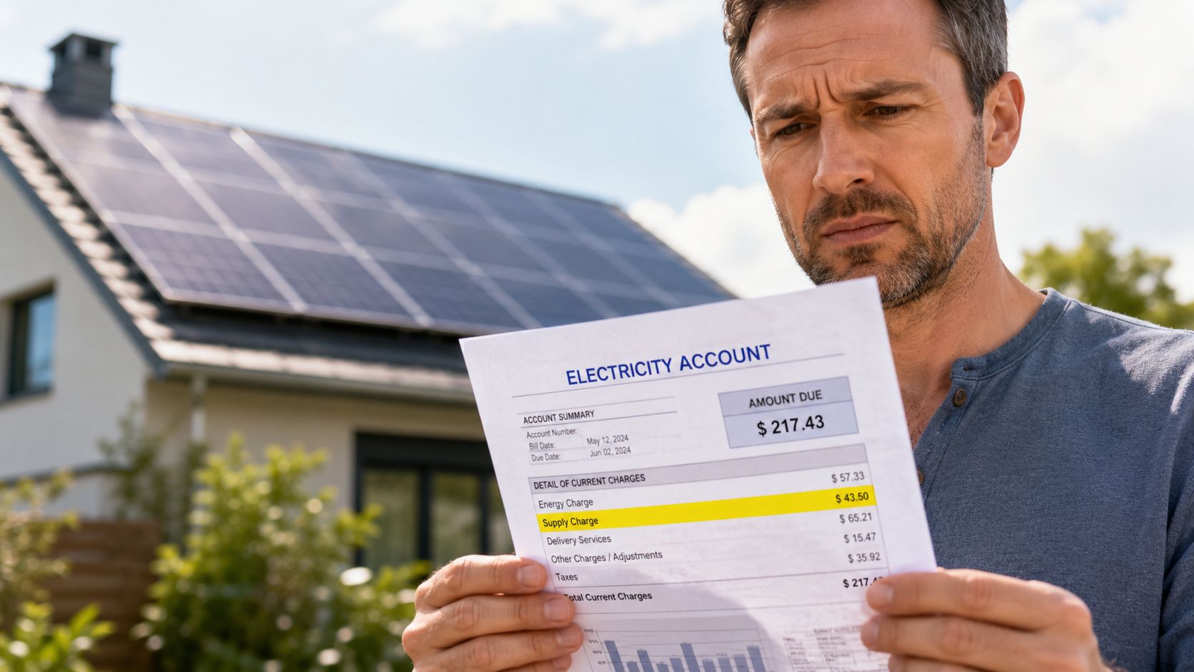 A concerned man reviewing his electricity bill document while standing in front of a house with solar panels.